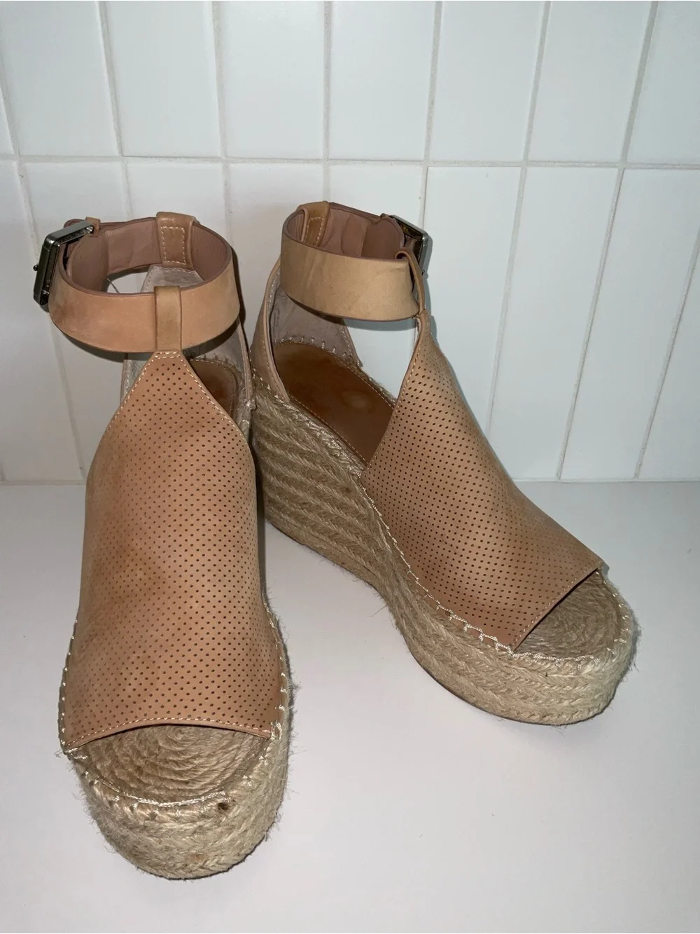 Marc Fisher Tan Perforated Espadrille Wedge Sandals with Ankle Strap